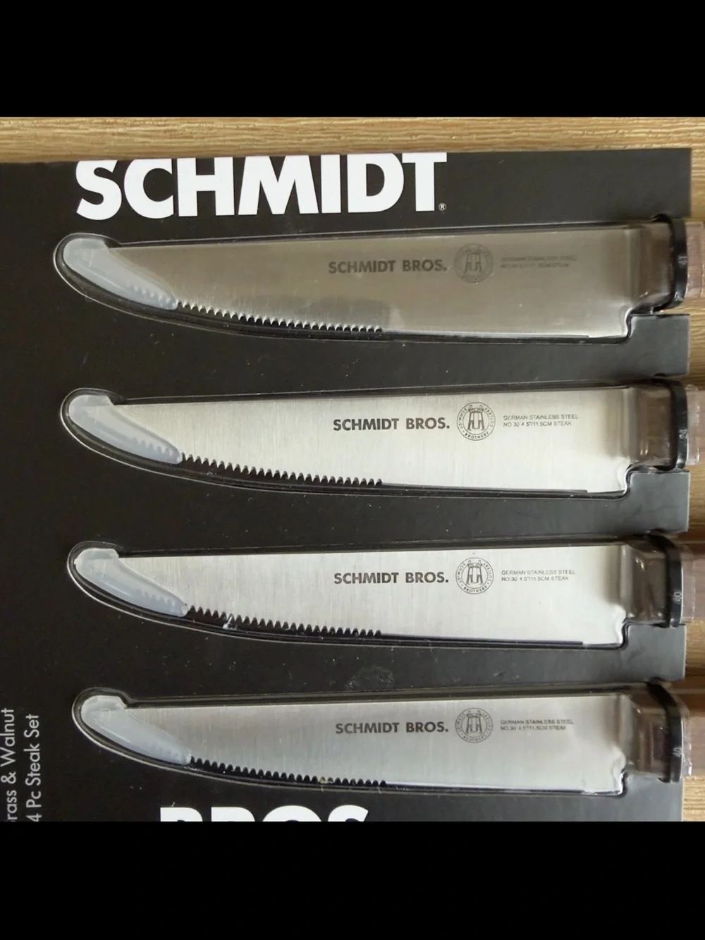 Schmidt Brothers German Stainless Steel Steak Knives 4 Piece Set Walnut Brass